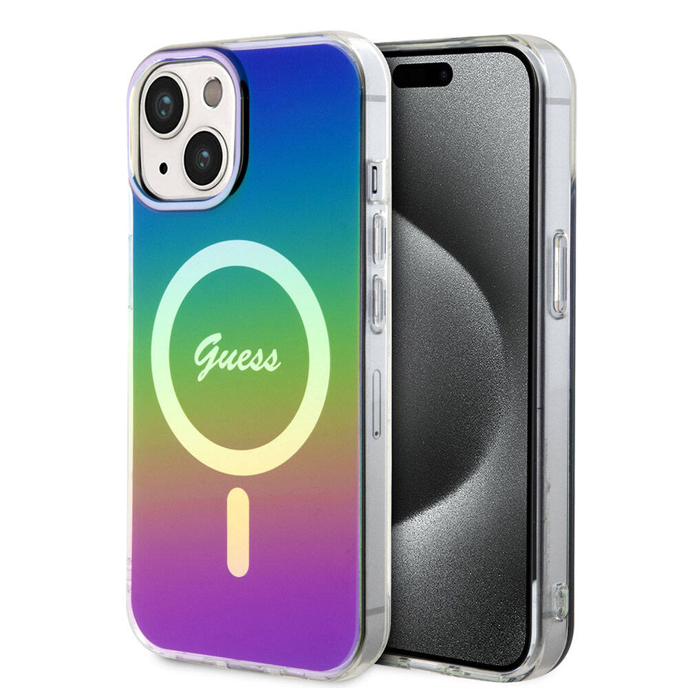 iPhone 15 Plus Kılıf Guess Orijinal Lisanslı M-safe Şarj Özellikli Yazı Logolu Iridescent Kılıf
