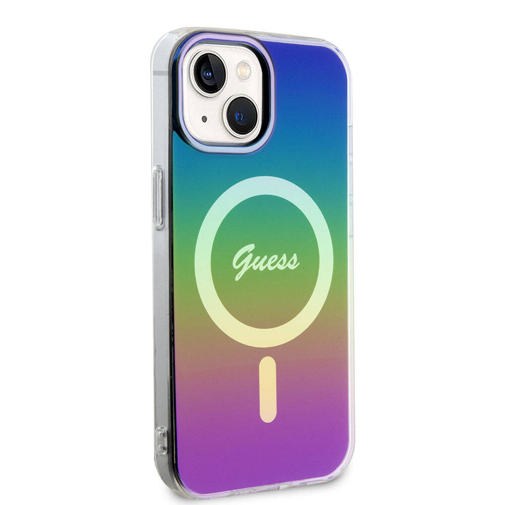 iPhone 15 Plus Kılıf Guess Orijinal Lisanslı M-safe Şarj Özellikli Yazı Logolu Iridescent Kılıf
