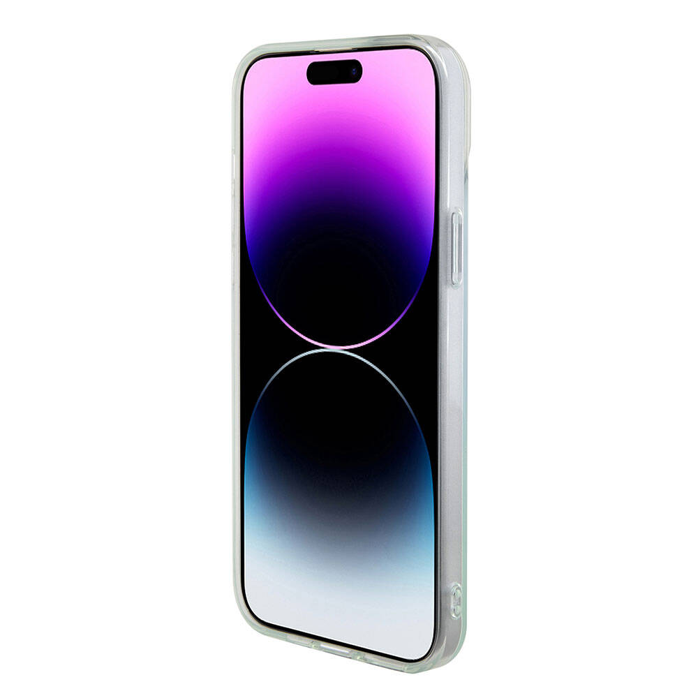 iPhone 15 Plus Kılıf Guess Orijinal Lisanslı M-safe Şarj Özellikli Yazı Logolu Iridescent Kılıf