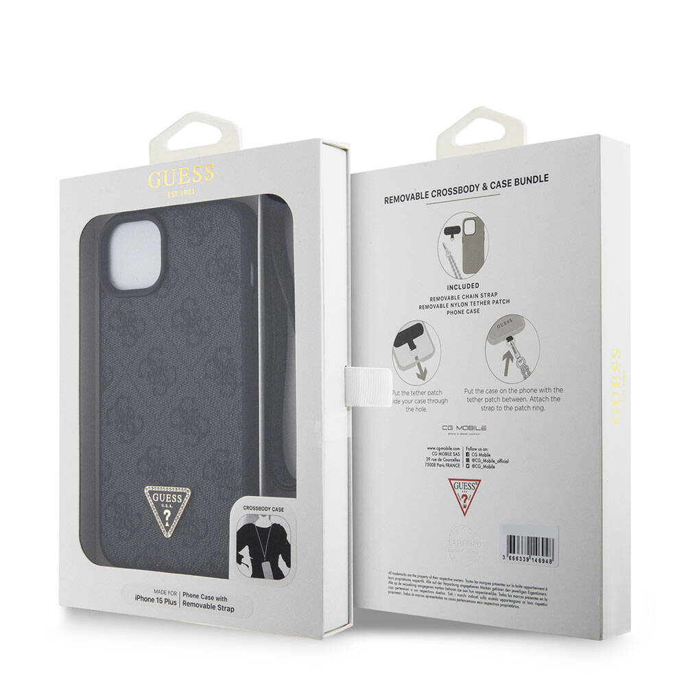 iPhone 15 Plus Kılıf Guess Orijinal Lisanslı PU Deri Askılı Taşlı Üçgen Logo 4G Desenli Strass Crossbody Kılıf