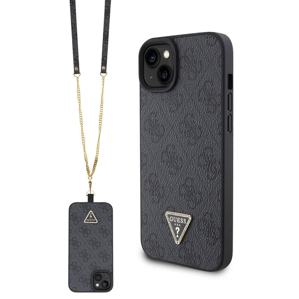 iPhone 15 Plus Kılıf Guess Orijinal Lisanslı PU Deri Askılı Taşlı Üçgen Logo 4G Desenli Strass Crossbody Kılıf