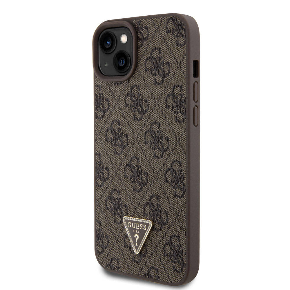 iPhone 15 Plus Kılıf Guess Orijinal Lisanslı PU Deri Askılı Taşlı Üçgen Logo 4G Desenli Strass Crossbody Kılıf