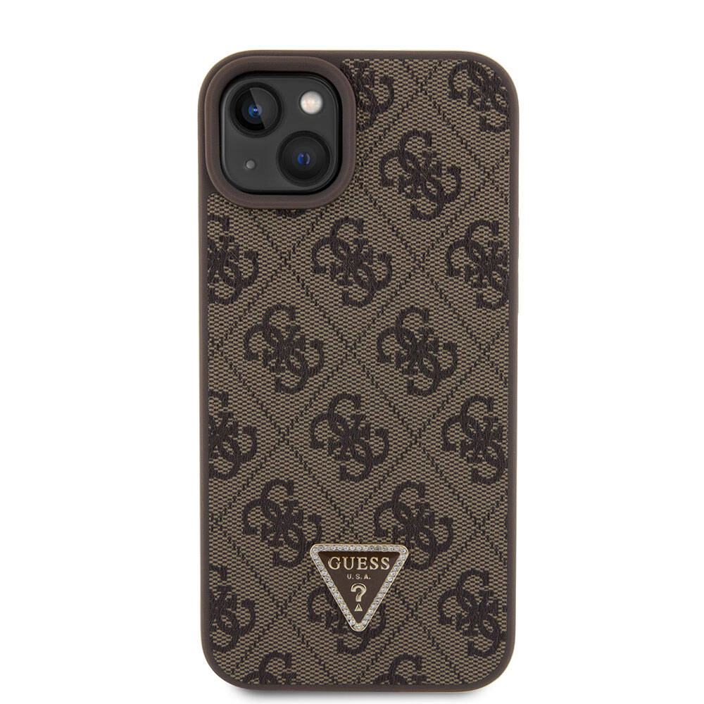 iPhone 15 Plus Kılıf Guess Orijinal Lisanslı PU Deri Askılı Taşlı Üçgen Logo 4G Desenli Strass Crossbody Kılıf