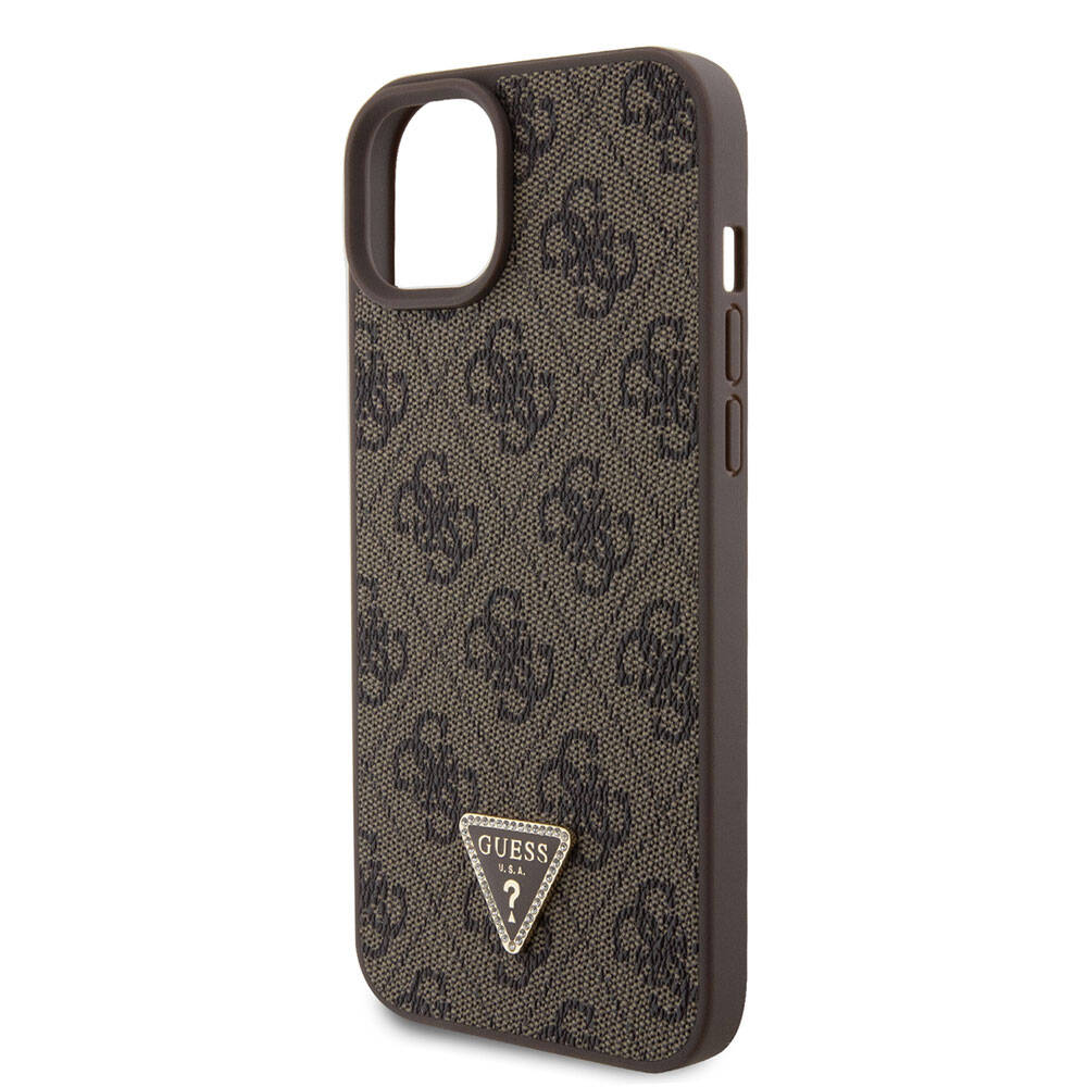 iPhone 15 Plus Kılıf Guess Orijinal Lisanslı PU Deri Askılı Taşlı Üçgen Logo 4G Desenli Strass Crossbody Kılıf