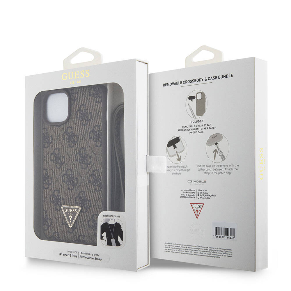 iPhone 15 Plus Kılıf Guess Orijinal Lisanslı PU Deri Askılı Taşlı Üçgen Logo 4G Desenli Strass Crossbody Kılıf