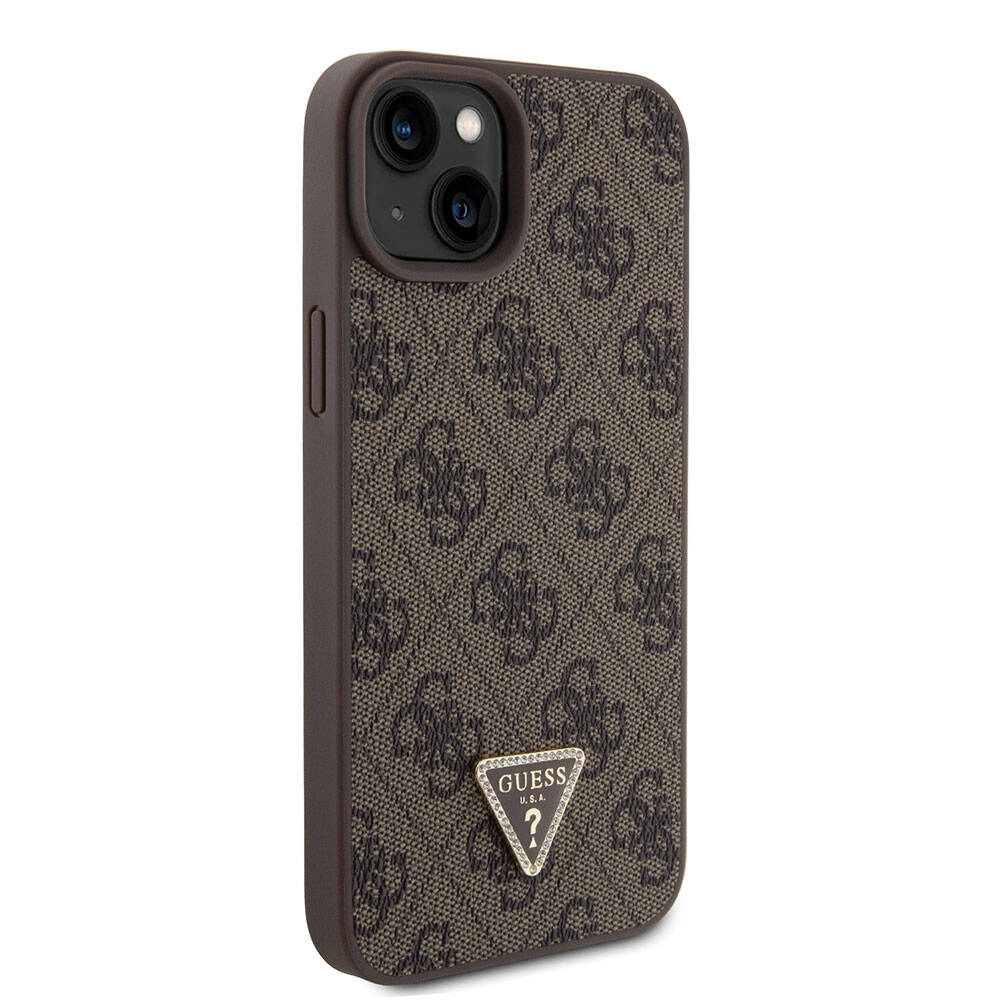 iPhone 15 Plus Kılıf Guess Orijinal Lisanslı PU Deri Askılı Taşlı Üçgen Logo 4G Desenli Strass Crossbody Kılıf