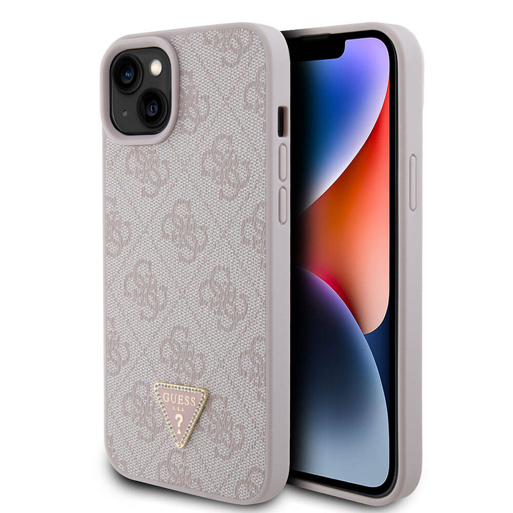 iPhone 15 Plus Kılıf Guess Orijinal Lisanslı PU Deri Taşlı Üçgen Logo 4G Desenli Kılıf