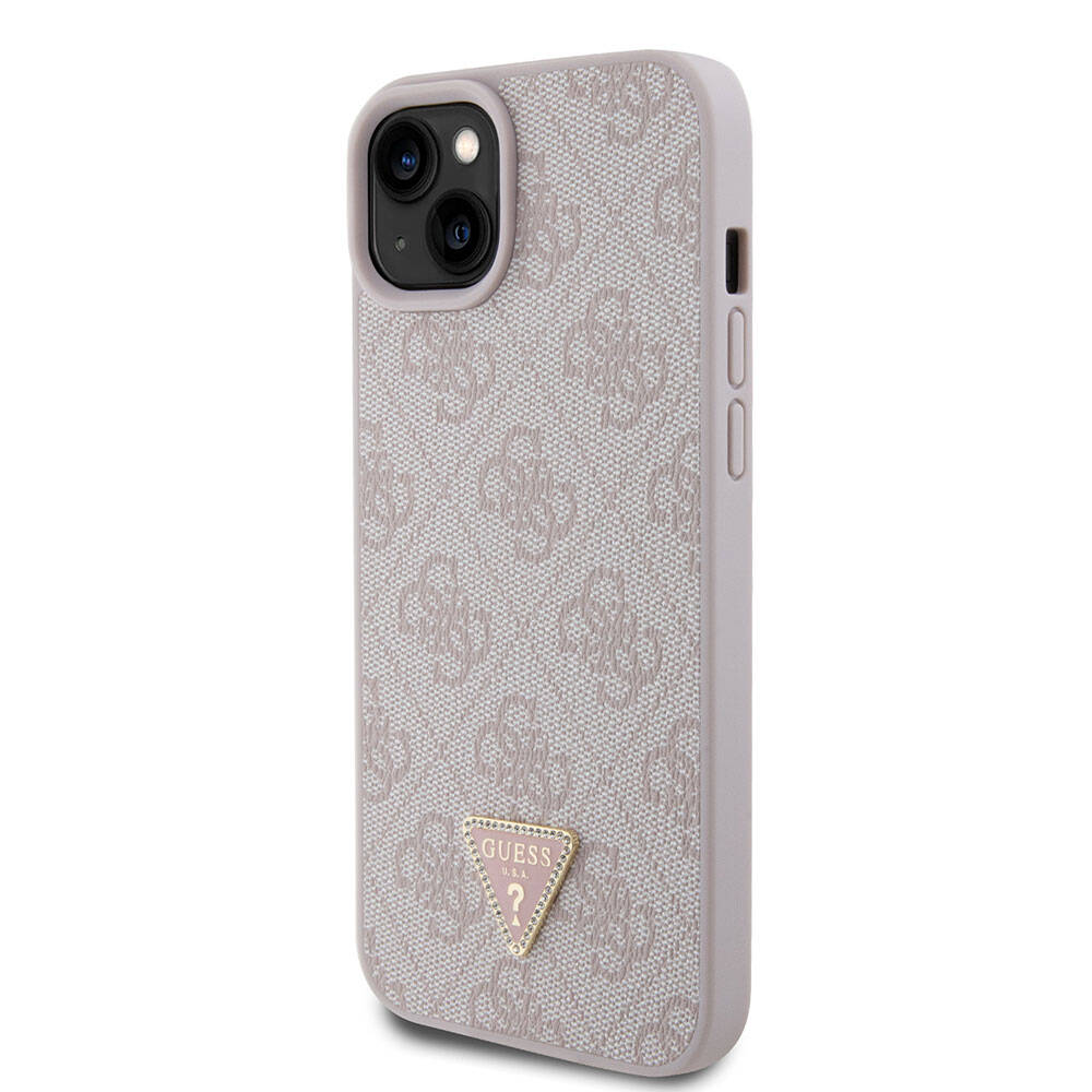 iPhone 15 Plus Kılıf Guess Orijinal Lisanslı PU Deri Taşlı Üçgen Logo 4G Desenli Kılıf