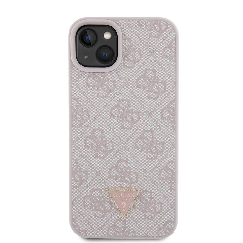iPhone 15 Plus Kılıf Guess Orijinal Lisanslı PU Deri Taşlı Üçgen Logo 4G Desenli Kılıf