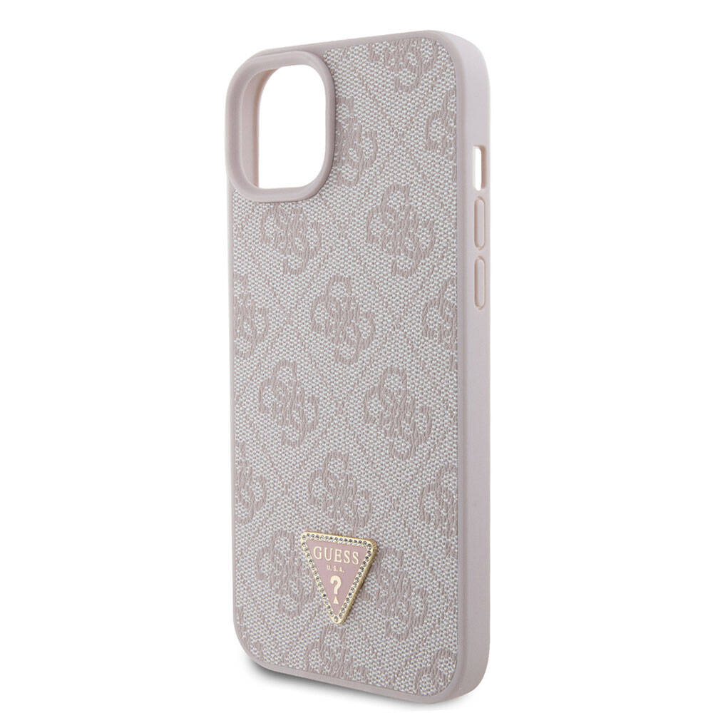 iPhone 15 Plus Kılıf Guess Orijinal Lisanslı PU Deri Taşlı Üçgen Logo 4G Desenli Kılıf