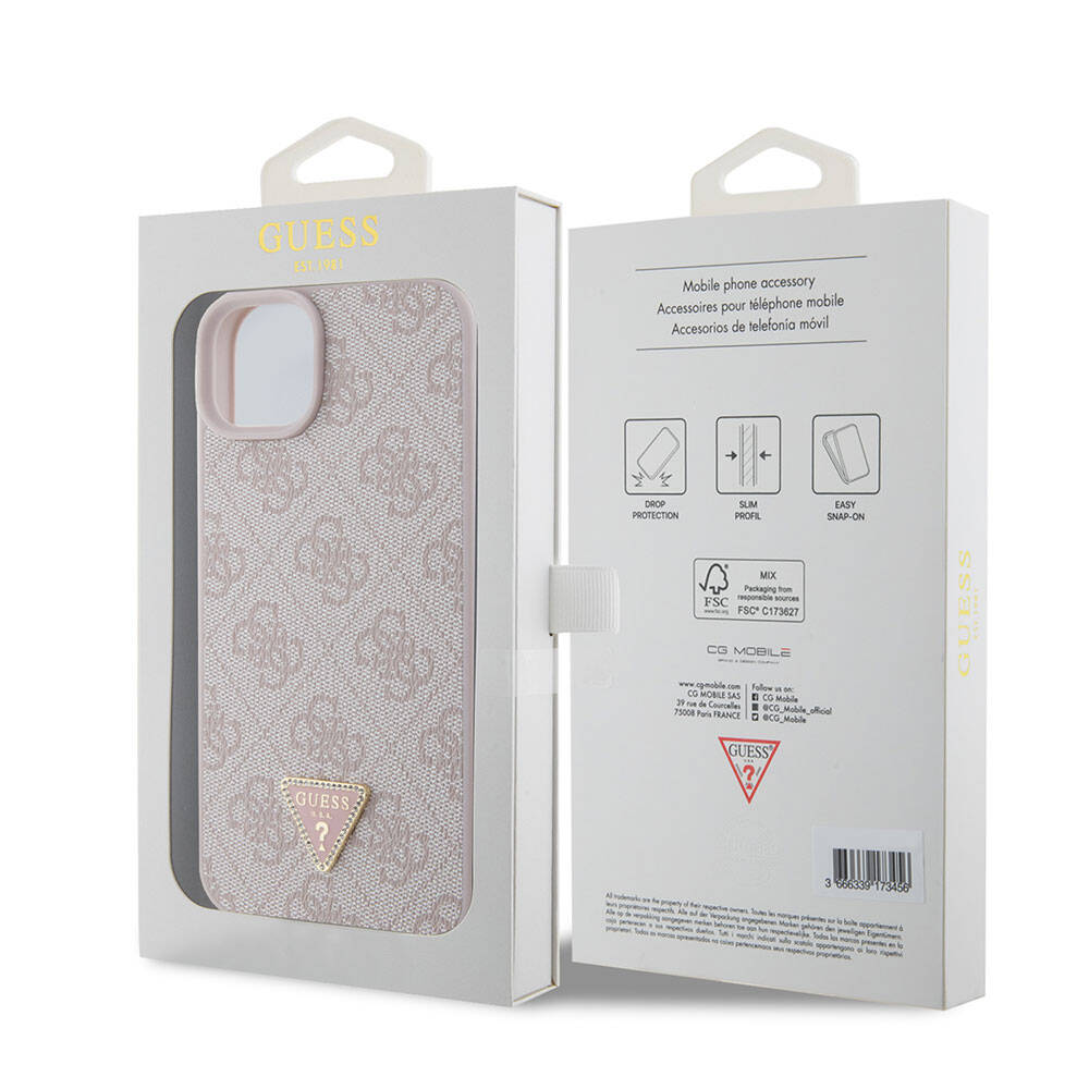 iPhone 15 Plus Kılıf Guess Orijinal Lisanslı PU Deri Taşlı Üçgen Logo 4G Desenli Kılıf