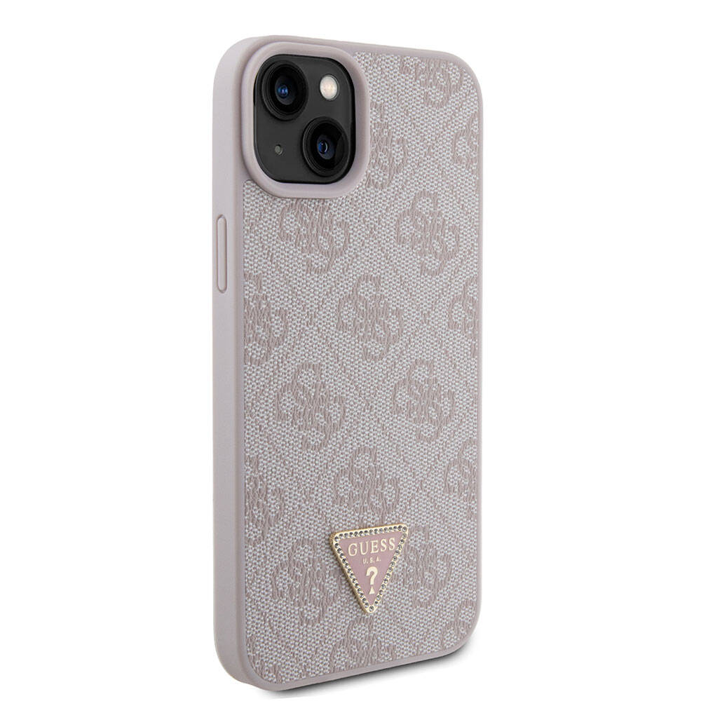 iPhone 15 Plus Kılıf Guess Orijinal Lisanslı PU Deri Taşlı Üçgen Logo 4G Desenli Kılıf
