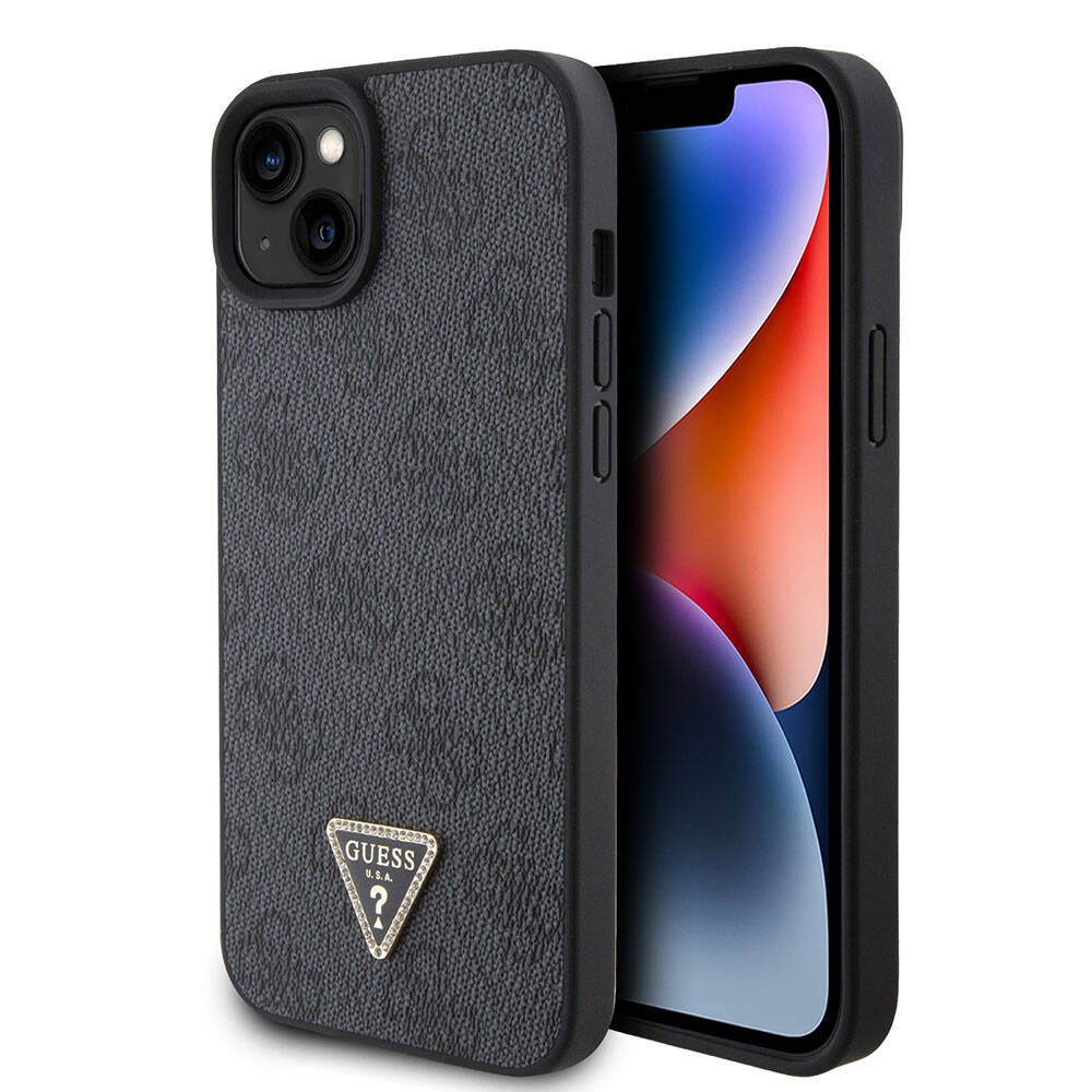iPhone 15 Plus Kılıf Guess Orijinal Lisanslı PU Deri Taşlı Üçgen Logo 4G Desenli Kılıf