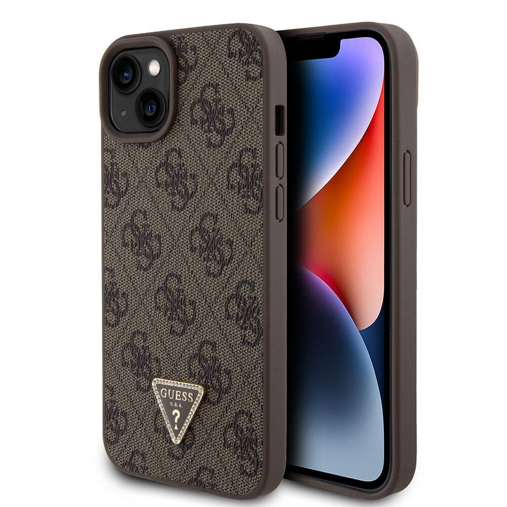 iPhone 15 Plus Kılıf Guess Orijinal Lisanslı PU Deri Taşlı Üçgen Logo 4G Desenli Strass Kılıf