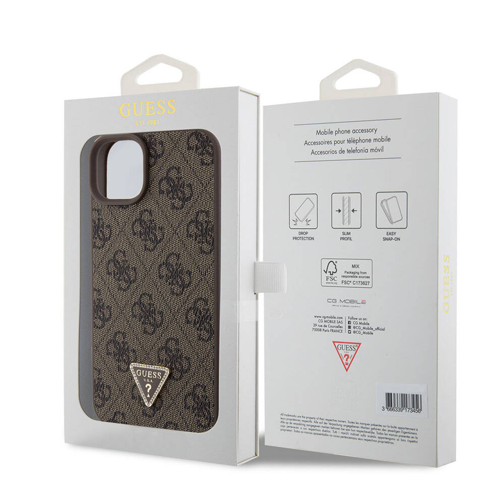iPhone 15 Plus Kılıf Guess Orijinal Lisanslı PU Deri Taşlı Üçgen Logo 4G Desenli Strass Kılıf