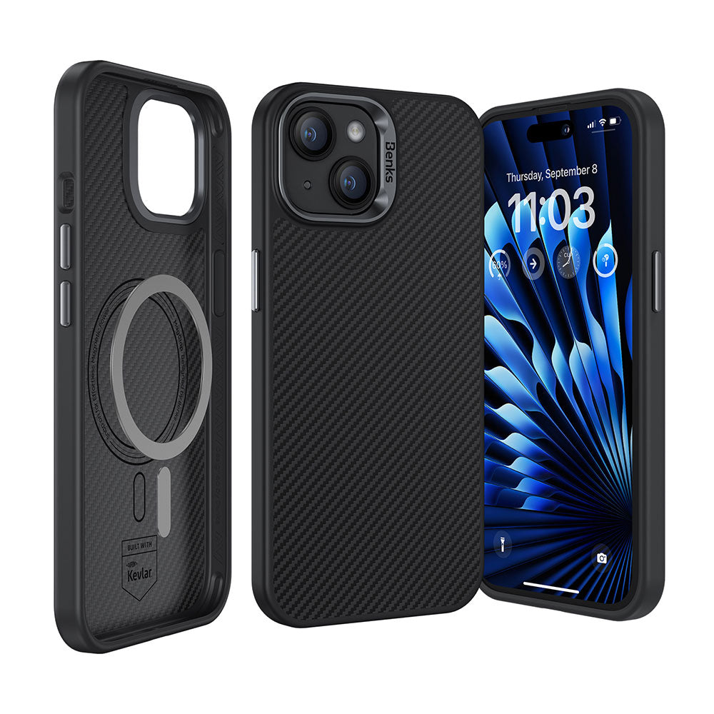 iPhone 15 Plus Kılıf Karbon Fiber M-safe Şarj Özellikli Benks Hybrid ArmorPro 600D Kevlar Kılıf