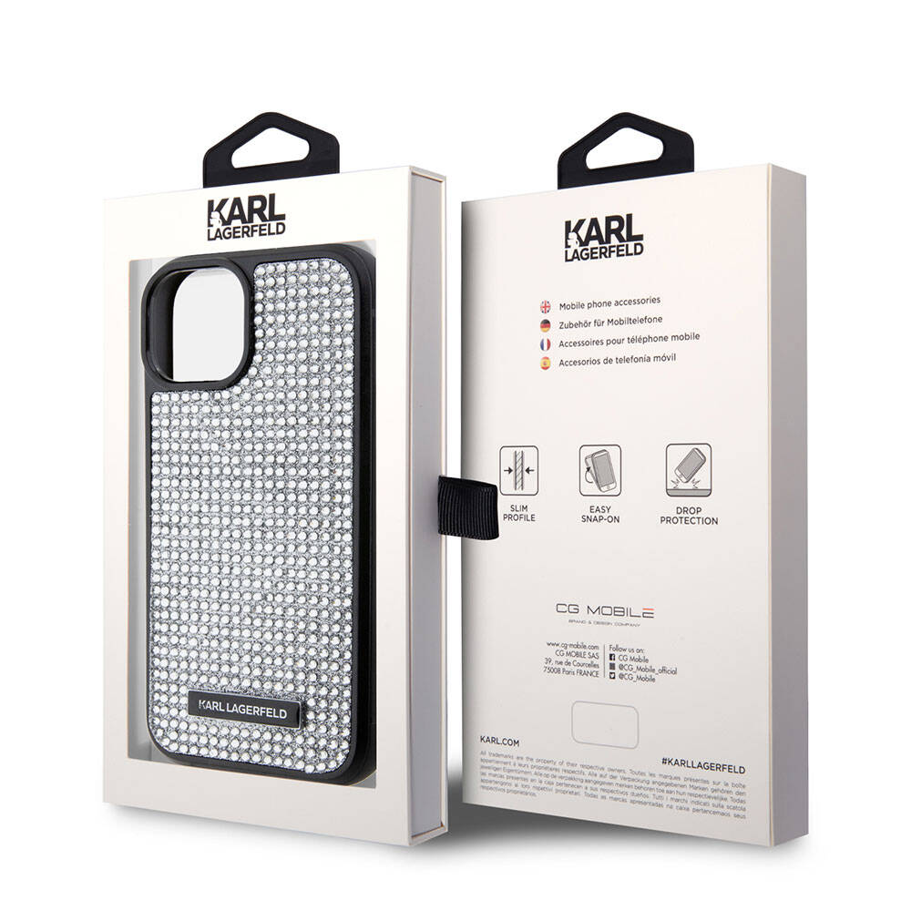 iPhone 15 Plus Kılıf Karl Lagerfeld Taşlı Metal Logo Orijinal Lisanslı Kılıf