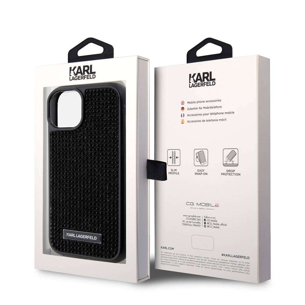 iPhone 15 Plus Kılıf Karl Lagerfeld Taşlı Metal Logo orijinal Lisanslı Kılıf