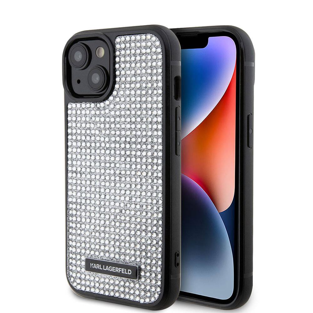 iPhone 15 Plus Kılıf Karl Lagerfeld Taşlı Metal Logo orijinal Lisanslı Kılıf