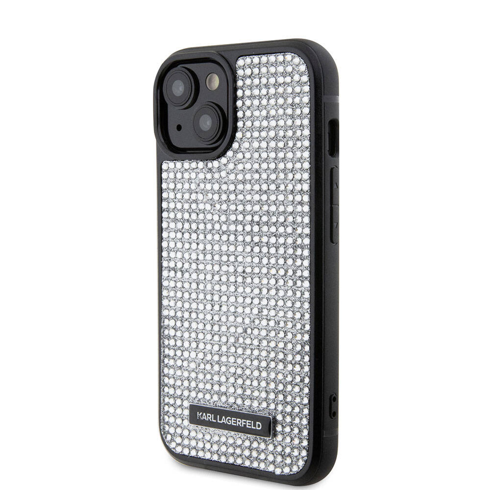 iPhone 15 Plus Kılıf Karl Lagerfeld Taşlı Metal Logo orijinal Lisanslı Kılıf