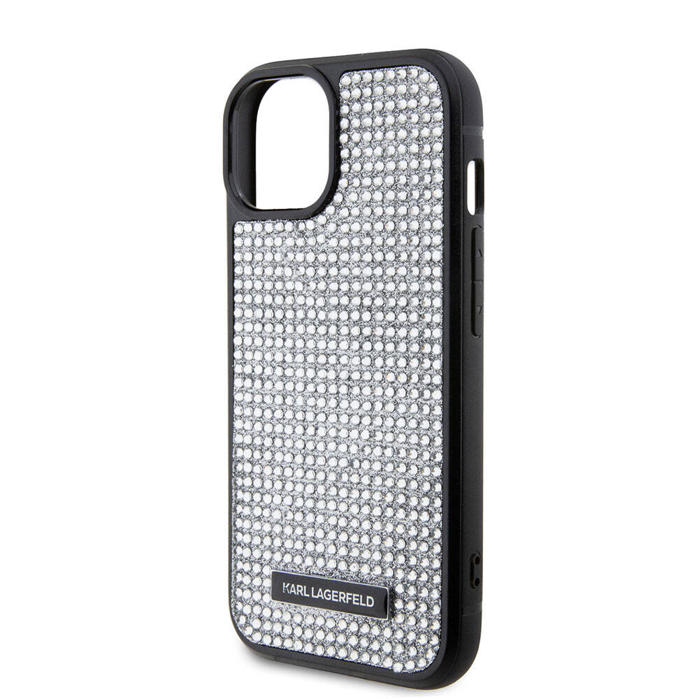 iPhone 15 Plus Kılıf Karl Lagerfeld Taşlı Metal Logo orijinal Lisanslı Kılıf