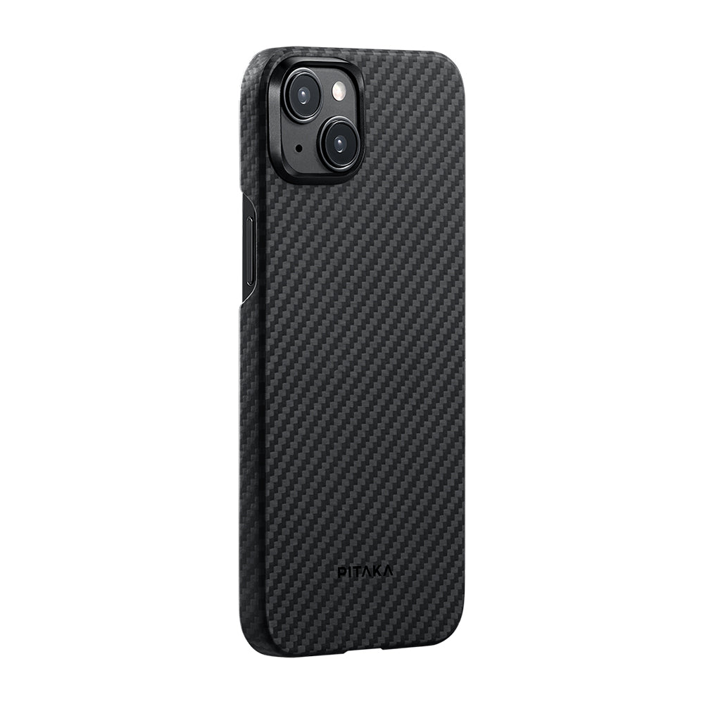 iPhone 15 Plus Kılıf M-safe Şarj Özellikli 1500D Aramid Karbon Fiber Pitaka Ultra-Slim Classic Serisi Black-Grey Twill Kılıf