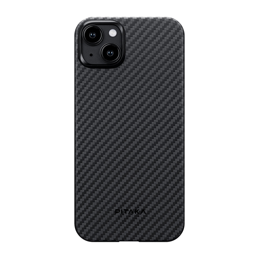iPhone 15 Plus Kılıf M-safe Şarj Özellikli 1500D Aramid Karbon Fiber Pitaka Ultra-Slim Classic Serisi Black-Grey Twill Kılıf