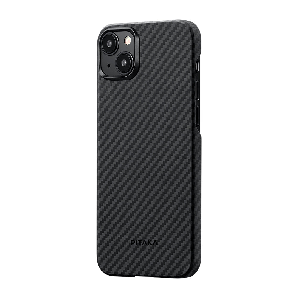 iPhone 15 Plus Kılıf M-safe Şarj Özellikli 1500D Aramid Karbon Fiber Pitaka Ultra-Slim Classic Serisi Black-Grey Twill Kılıf