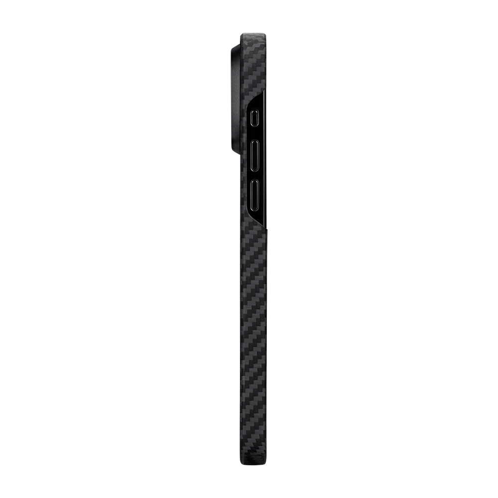 iPhone 15 Plus Kılıf M-safe Şarj Özellikli 1500D Aramid Karbon Fiber Pitaka Ultra-Slim Classic Serisi Black-Grey Twill Kılıf