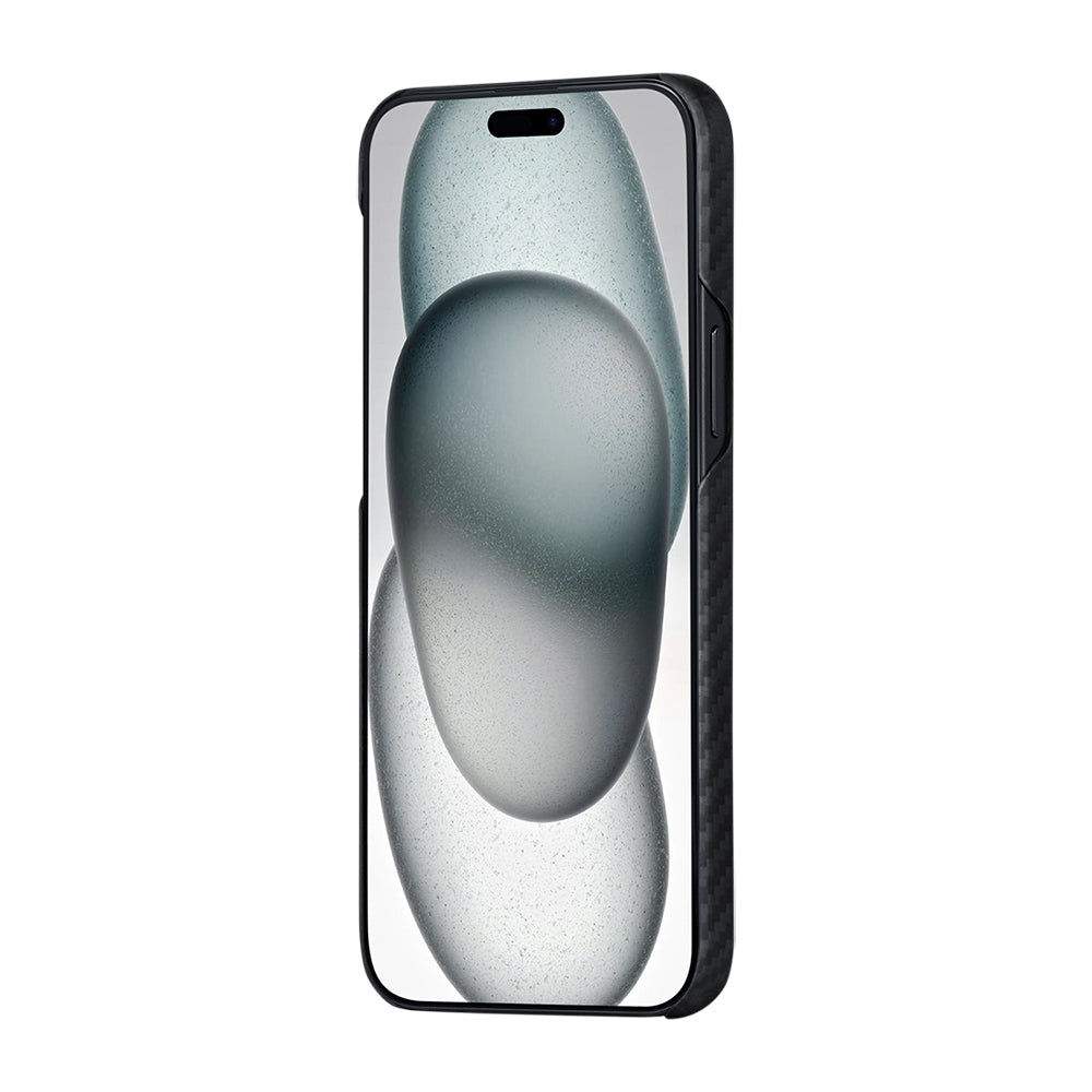 iPhone 15 Plus Kılıf M-safe Şarj Özellikli 1500D Aramid Karbon Fiber Pitaka Ultra-Slim Classic Serisi Black-Grey Twill Kılıf