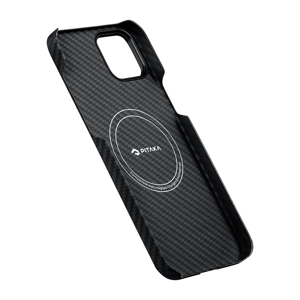 iPhone 15 Plus Kılıf M-safe Şarj Özellikli 1500D Aramid Karbon Fiber Pitaka Ultra-Slim Classic Serisi Black-Grey Twill Kılıf
