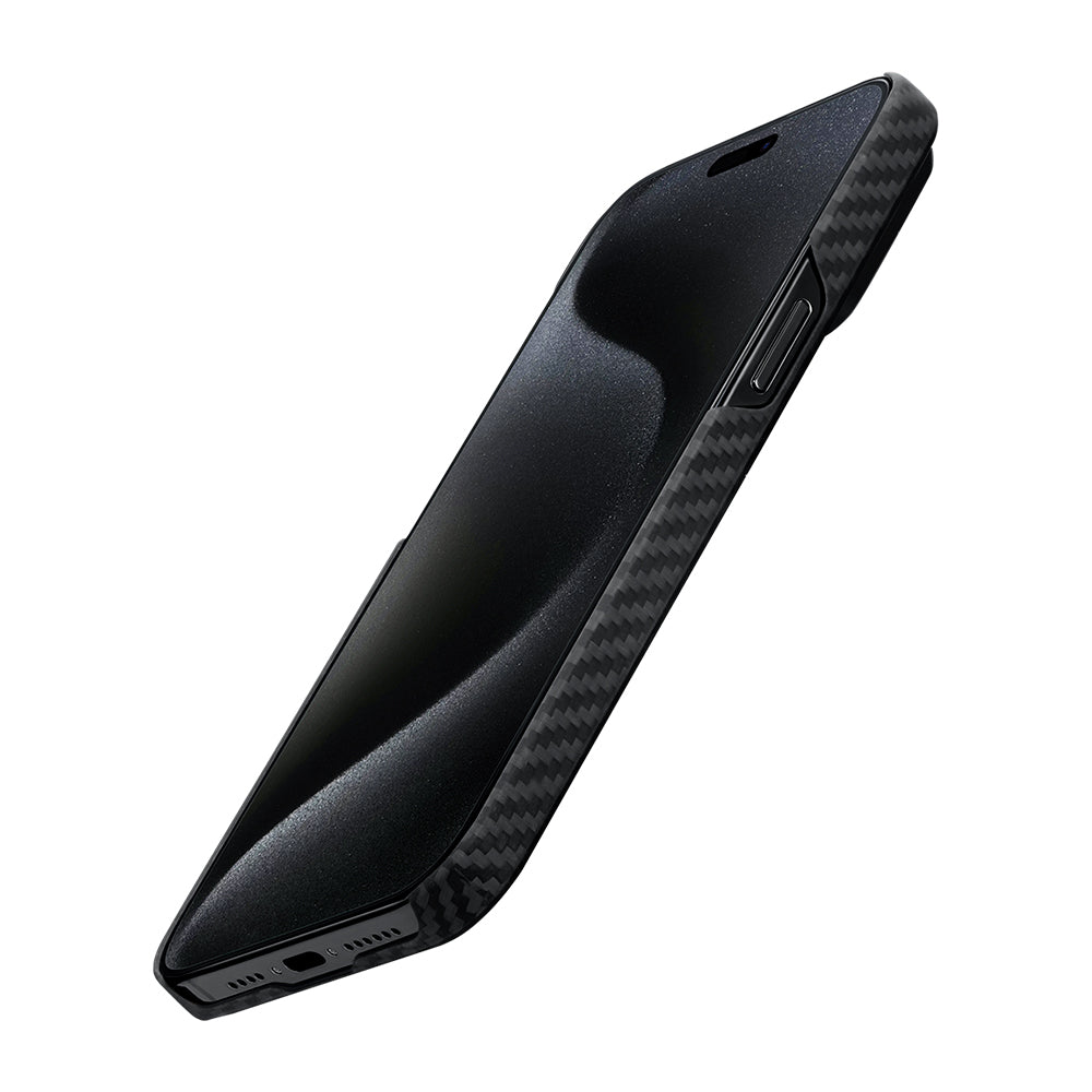 iPhone 15 Plus Kılıf M-safe Şarj Özellikli 1500D Aramid Karbon Fiber Pitaka Ultra-Slim Classic Serisi Black-Grey Twill Kılıf