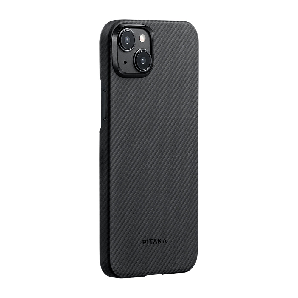 iPhone 15 Plus Kılıf M-safe Şarj Özellikli 600D Aramid Karbon Fiber Pitaka Ultra-Slim Classic Serisi Black-Grey Twill Kılıf