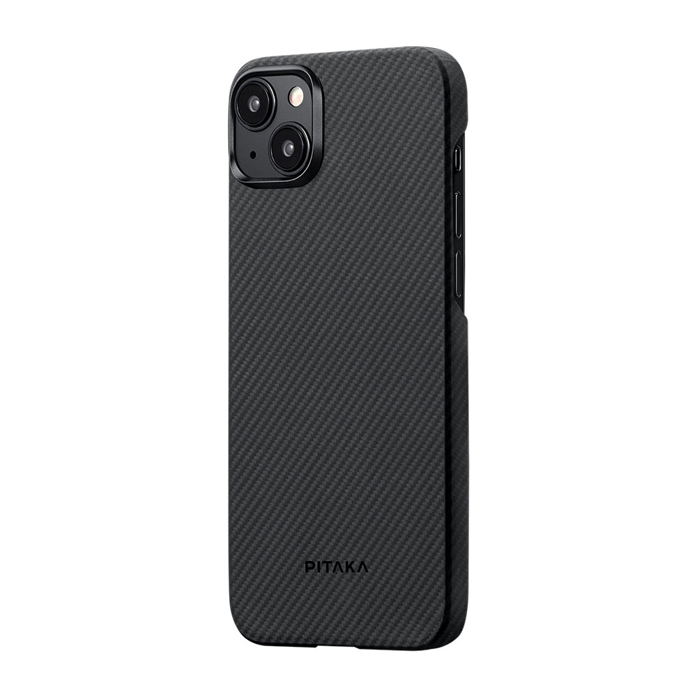iPhone 15 Plus Kılıf M-safe Şarj Özellikli 600D Aramid Karbon Fiber Pitaka Ultra-Slim Classic Serisi Black-Grey Twill Kılıf