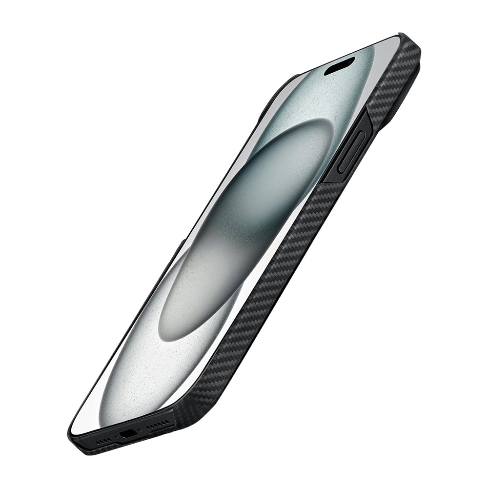 iPhone 15 Plus Kılıf M-safe Şarj Özellikli 600D Aramid Karbon Fiber Pitaka Ultra-Slim Classic Serisi Black-Grey Twill Kılıf