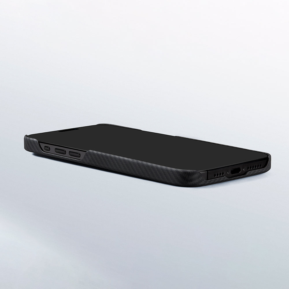 iPhone 15 Plus Kılıf M-safe Şarj Özellikli 600D Aramid Karbon Fiber Pitaka Ultra-Slim Classic Serisi Black-Grey Twill Kılıf