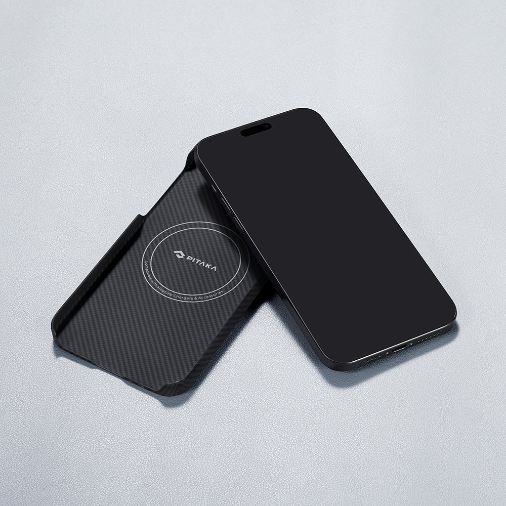 iPhone 15 Plus Kılıf M-safe Şarj Özellikli 600D Aramid Karbon Fiber Pitaka Ultra-Slim Classic Serisi Black-Grey Twill Kılıf