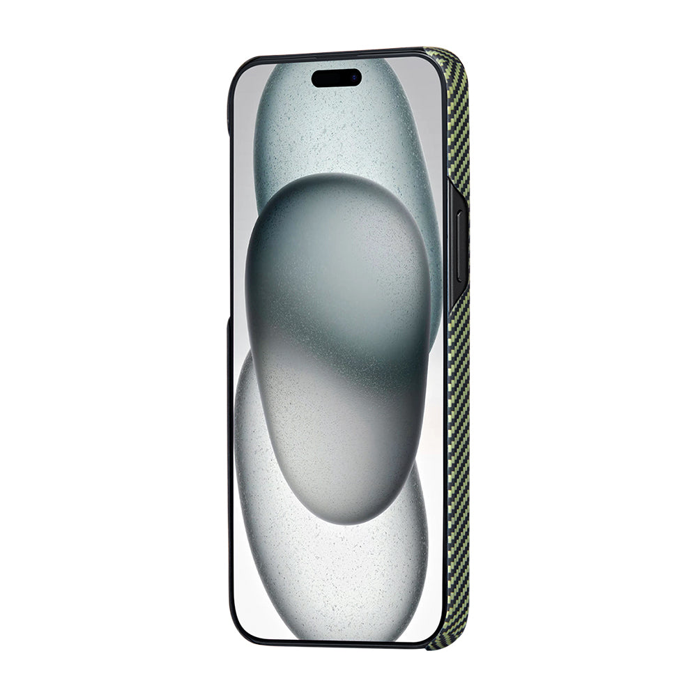 iPhone 15 Plus Kılıf M-safe Şarj Özellikli 600D Aramid Karbon Fiber Pitaka Tactile Woven Orchestra Serisi Overture Kılıf