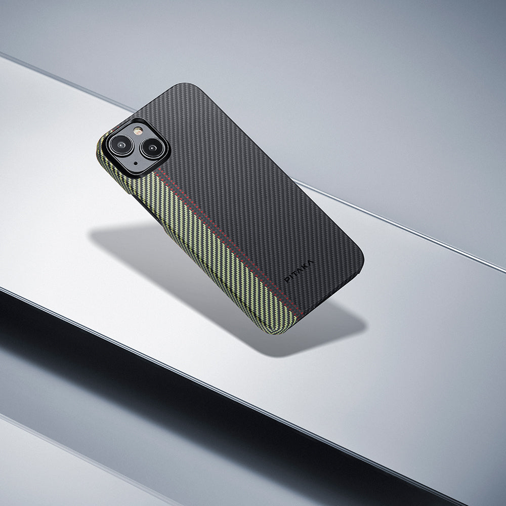 iPhone 15 Plus Kılıf M-safe Şarj Özellikli 600D Aramid Karbon Fiber Pitaka Tactile Woven Orchestra Serisi Overture Kılıf