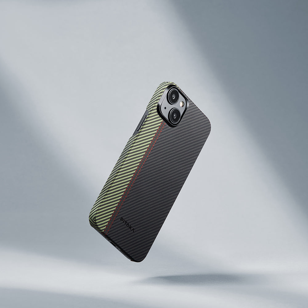 iPhone 15 Plus Kılıf M-safe Şarj Özellikli 600D Aramid Karbon Fiber Pitaka Tactile Woven Orchestra Serisi Overture Kılıf