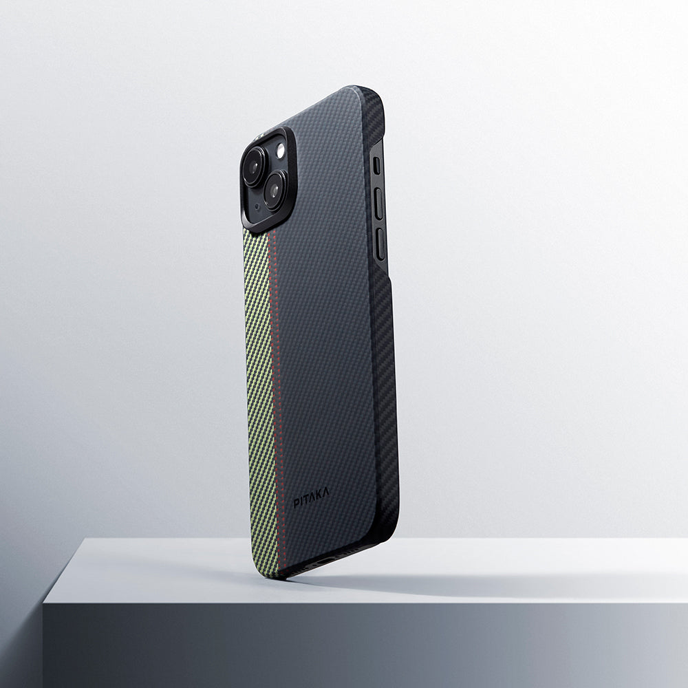 iPhone 15 Plus Kılıf M-safe Şarj Özellikli 600D Aramid Karbon Fiber Pitaka Tactile Woven Orchestra Serisi Overture Kılıf