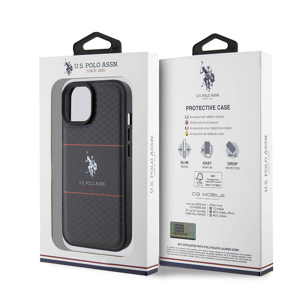 iPhone 15 Plus Kılıf U.S. Polo Assn. orijinal Lisanslı Deri Şeritli Logo Dizayn Kılıf