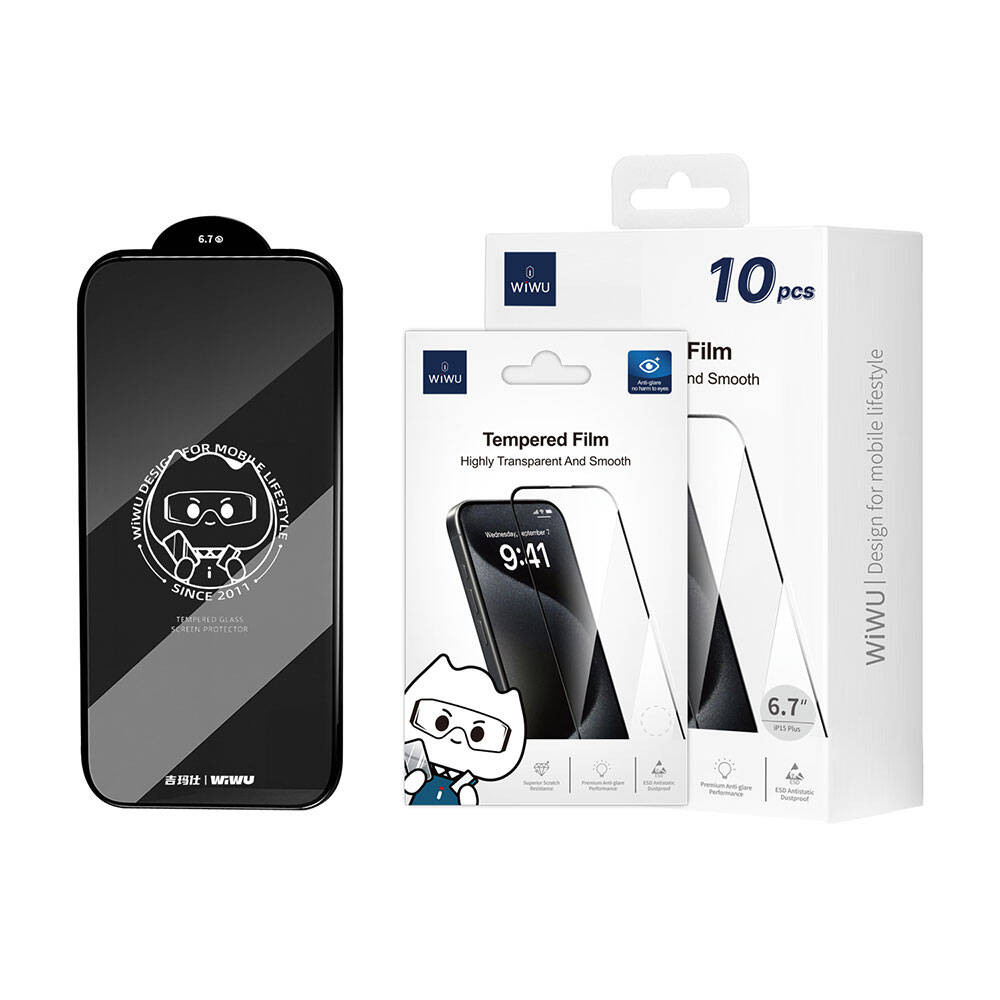 iPhone 15 Plus Wiwu GT-008 Polimer Oleofobik Kaplama Şeffaf Pürüzsüz Temperli Cam Ekran Koruyucu 10'lu Paket