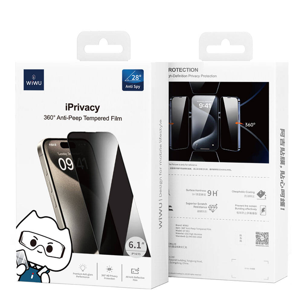 iPhone 15 Plus Wiwu GT-011 Anti-Bakteriyel Özellikli Polimer Oleofobik Kaplama Temperli Privacy Cam Ekran Koruyucu