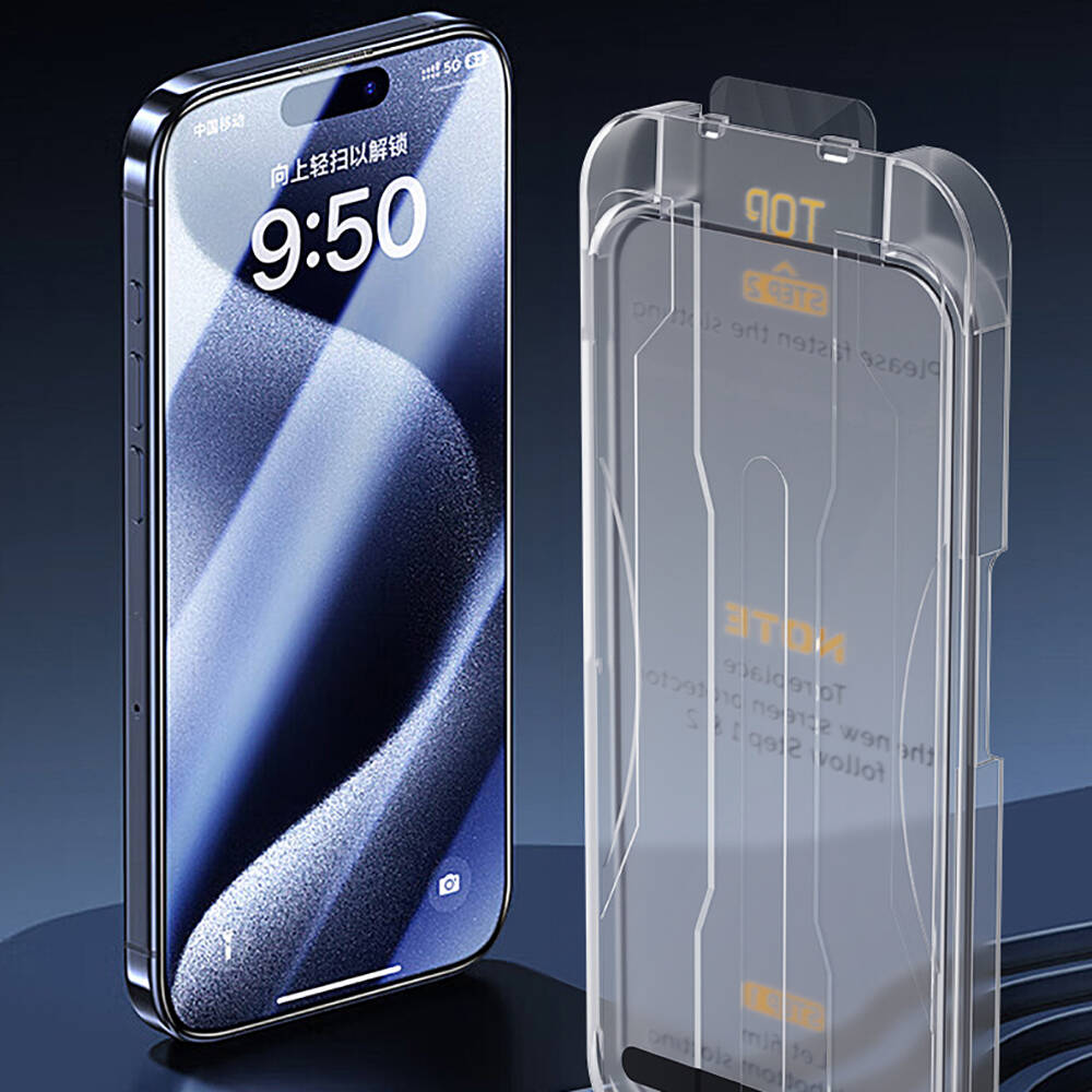 iPhone 15 Plus Wiwu SQ-008 Oleofobik Easy Install Darbeye Karşı Dayanıklı Temperli Cam Ekran Koruyucu + Kolay Uygulama Aparatlı