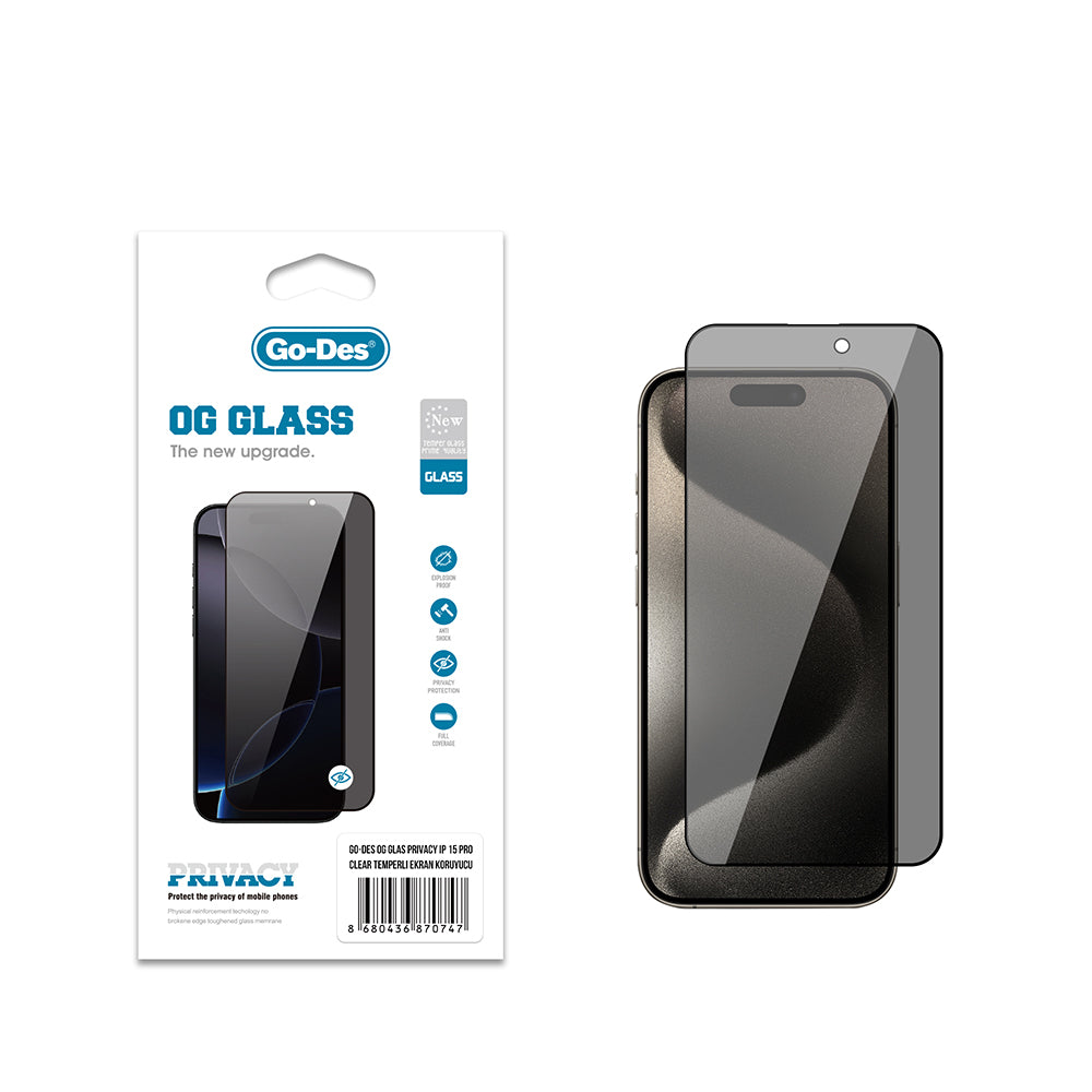 iPhone 15 Pro Go Des OG Glass Privacy Antistatik Temperli Cam Ekran Koruyucu