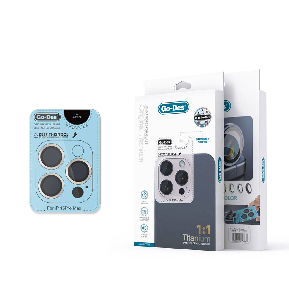 iPhone 15 Pro Go Des Titanium Premium Temperli Kamera Lens Koruyucu