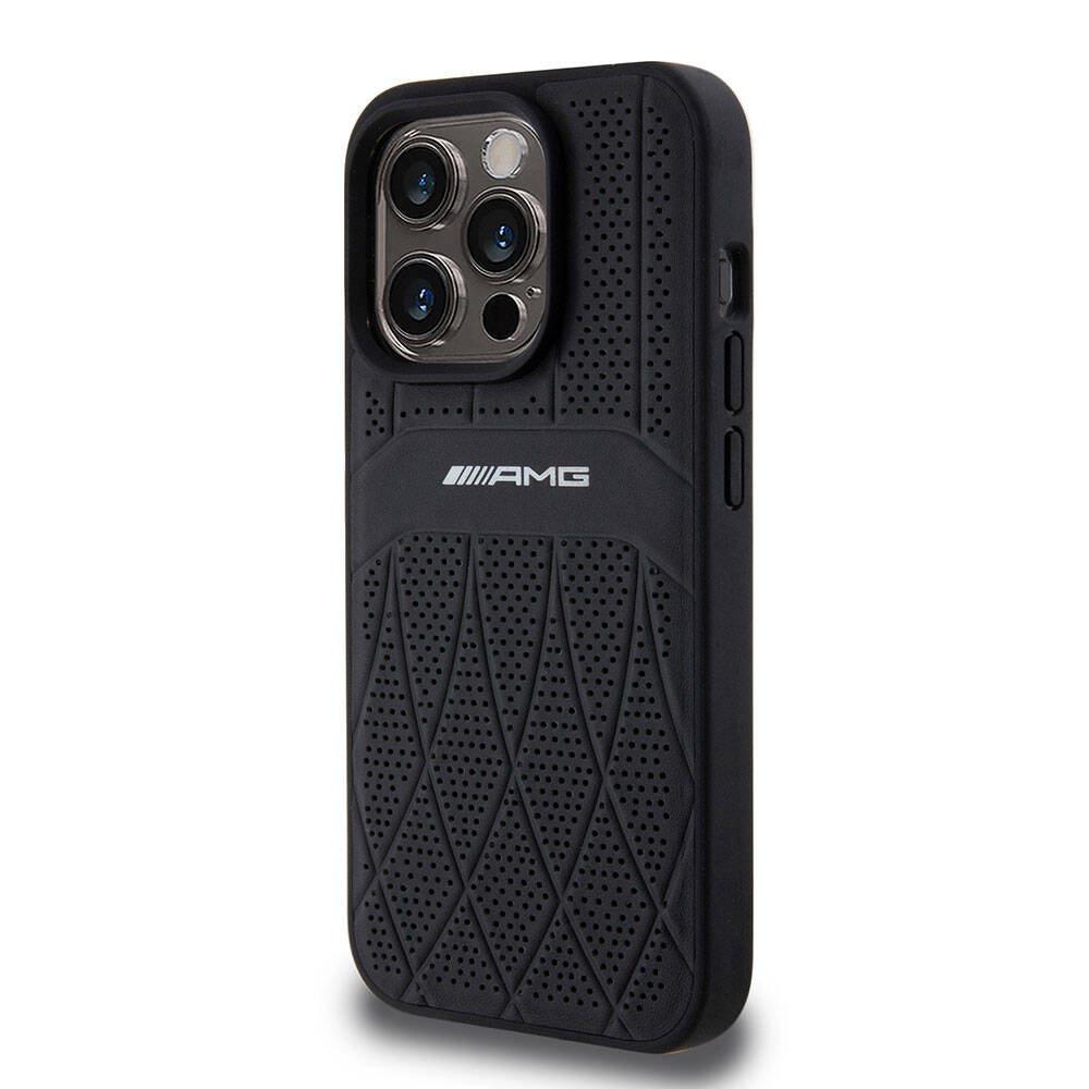 iPhone 15 Pro Kılıf AMG Orijinal Lisanslı M-safe Şarj Özellikli Delikli Deri Kıvrımlı Çizgili Kılıf