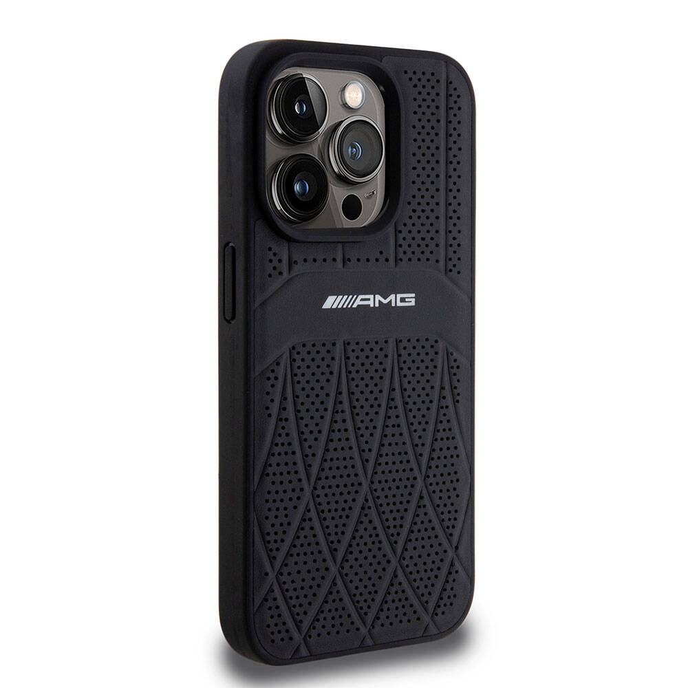 iPhone 15 Pro Kılıf AMG Orijinal Lisanslı M-safe Şarj Özellikli Delikli Deri Kıvrımlı Çizgili Kılıf