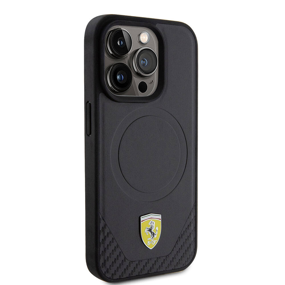 iPhone 15 Pro Kılıf Ferrari Orijinal Lisanslı M-safe Şarj Özellikli Metal Logolu PU Karbon Kılıf